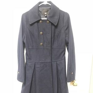 Long blooming navy blue button up pea coat